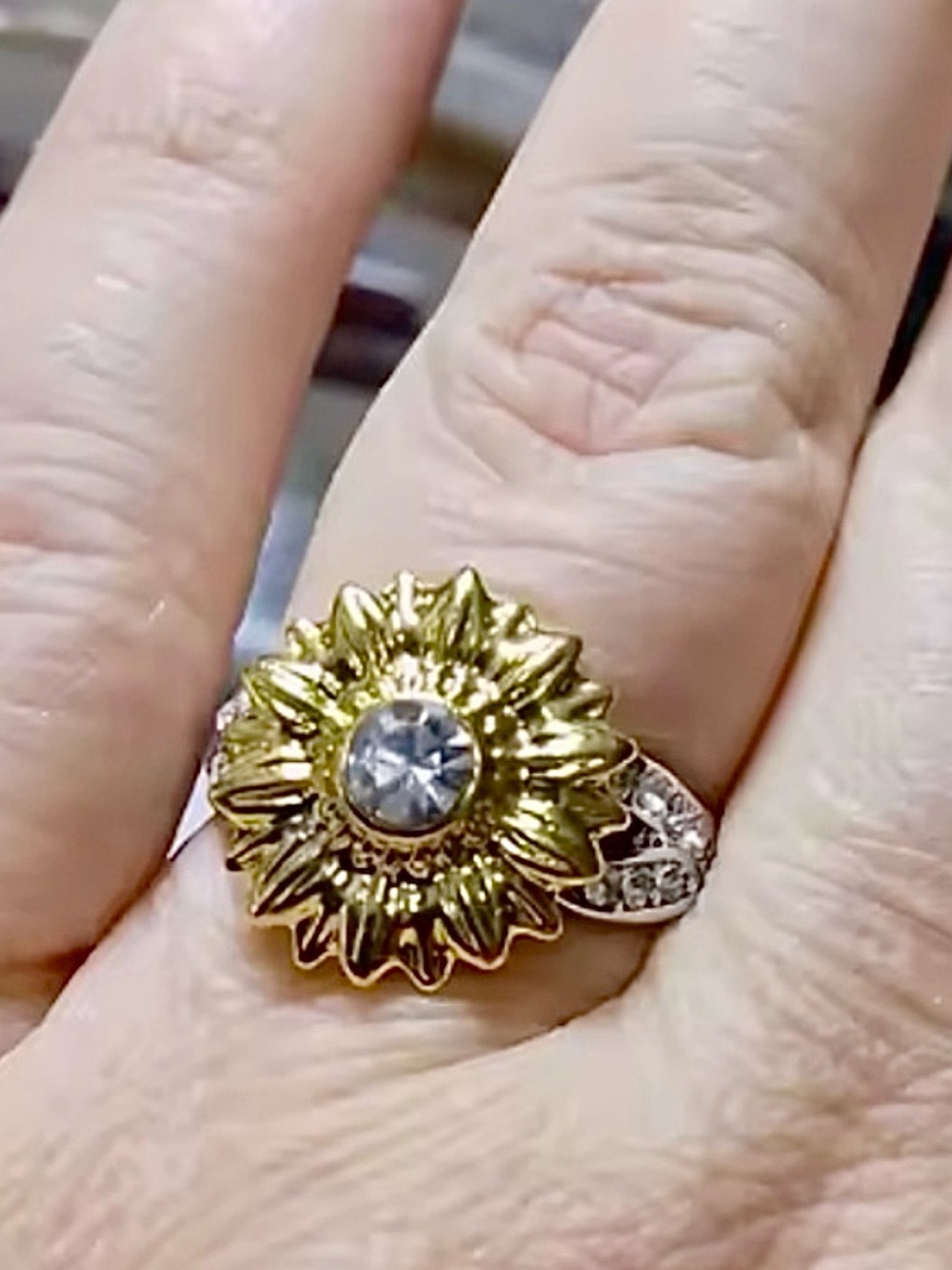 Sunflower Two-Tone Gold & Silver Ring with Clear Center Stone